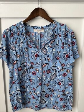 LOFT Sky Blue Paisley & Floral Short Sleeve Blouse